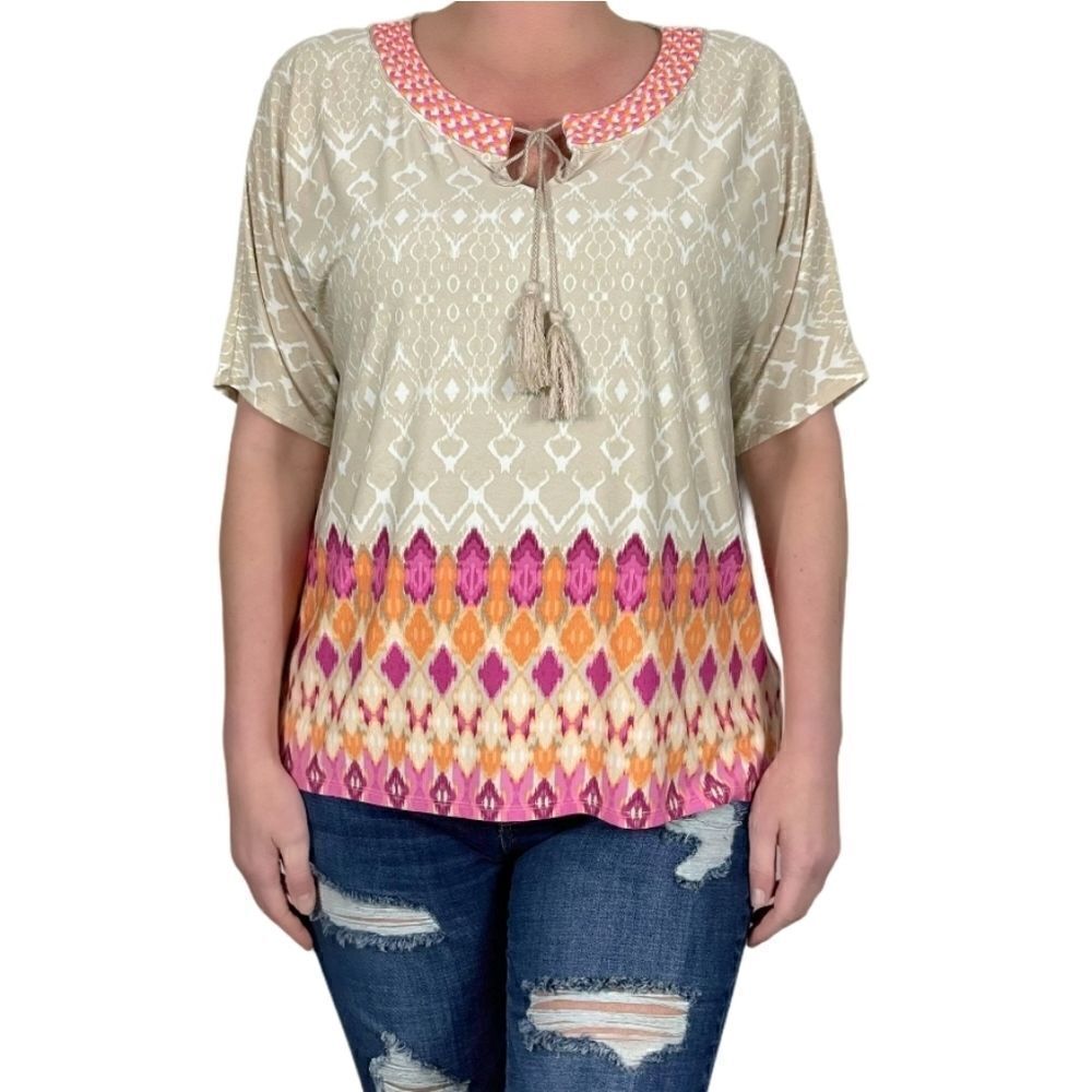 Ruby Rd. Petite Cream and Pink Short Sleeve Blouse